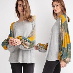 Patchwork Sleeve Gray Top